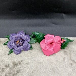 Vintage‎ Leather Flower Brooch Lot Purple Pink READ
